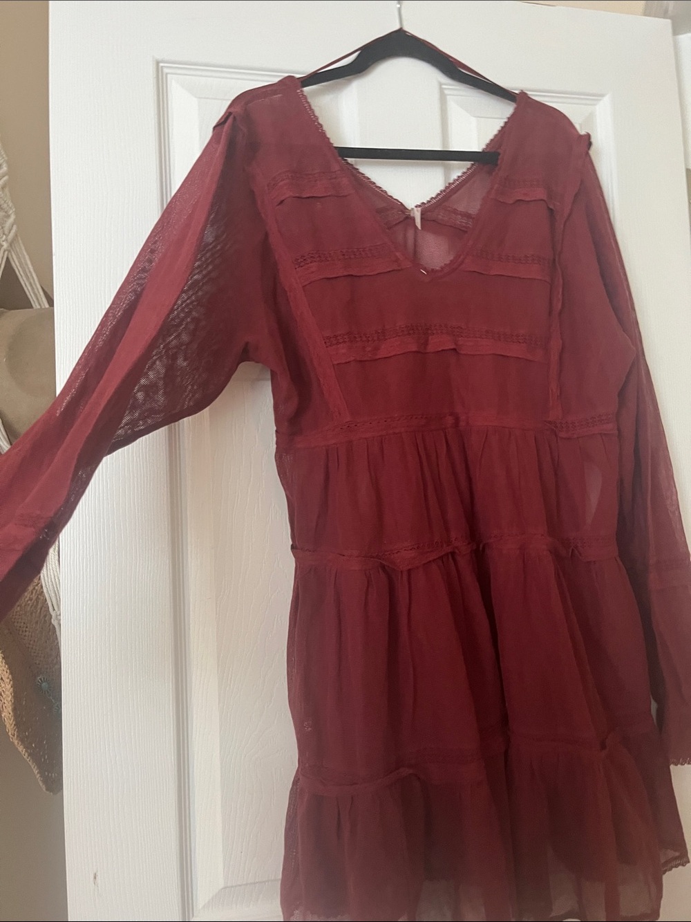 Free People Long Sleeve Tiered Dress in Burgundy